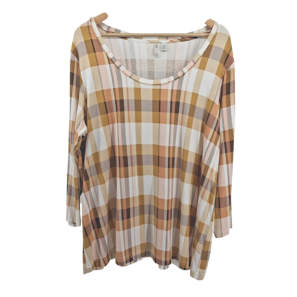 Cato Woman 18/20W Plaid Top Fall Colors‎ Butter Yellow Tan Cream Tunic Soft Knit
